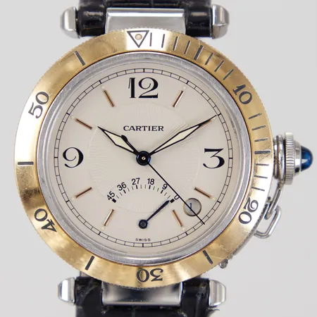 Herrur Cartier Pasha Power Reserve, stål/guld, automatisk, datum, Ø 38mm, ref: 1033, serienummer: CC45082, läderarmband med viklås, läderarmbandet slitet, inga tillbehör