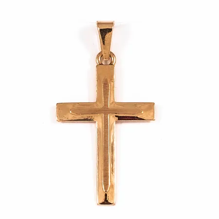 Hänge Kors i 18K guld. Det är 12 mm brett, 23 mm långt inkl. ögla och väger 0,4g.