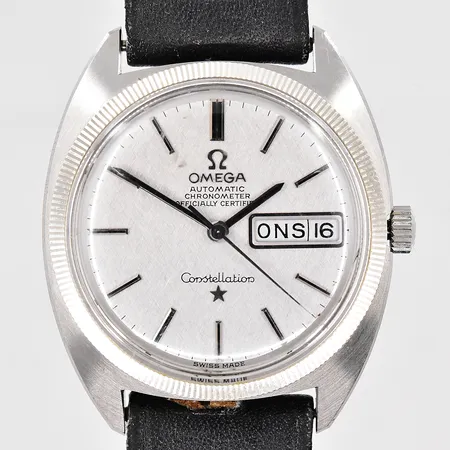 Herrur Omega Constellation, Ø 33mm, automatisk, datum, chronometer, defekt krona, slitet läderband, etui