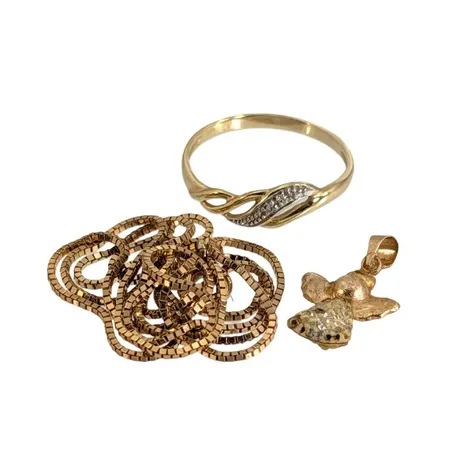 Halsband, 9K guld, 1,8g, ring, hänge, 18K guld, 1,6g, defekter/slitage förekommer