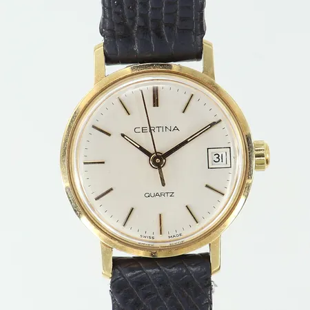 Damur Certina, Ø22mm, quartz, datum, boettnummer: EOL111.9299.65, boett i 14K, läderarmband, går ej, inga tillbehör. Vikt: 0 g