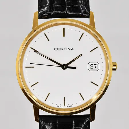 Herrur Certina ,18K, Ø 33,5mm, datum, quartz, står still, graverad boett, läderband, box
