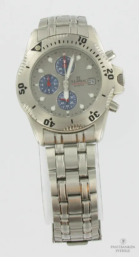 Herrur Y.Lansac, chronograph, ca 38mm, datum, quartz, (står still), stål, stållänk