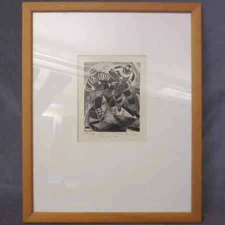 Taulu puukaiverrus, signeeraus I 18 II 8/18 Tuulikki Pietilä 1959 "jääkiekkoilijat", koko 150x120