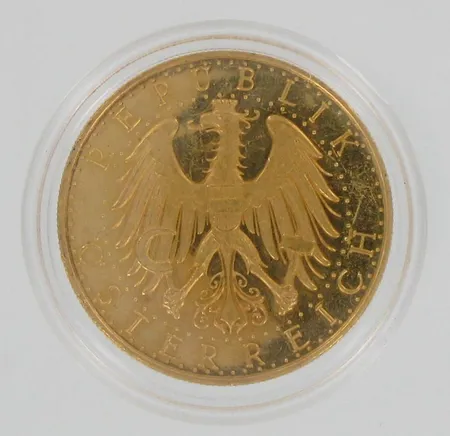 Kultaraha, Republik Österreich, 100 Shilling, 1929, 900, paino 23,5g Paino: 23,5 g