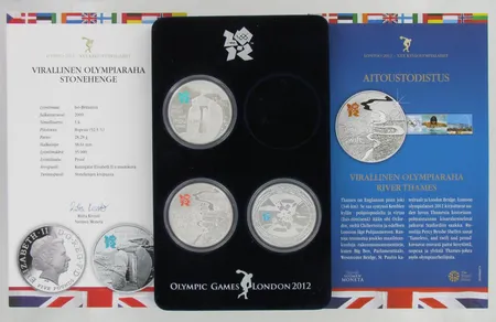 Kolme juhlarahaa Olympic Games London 2012: Countdown XXX Olympiad, Stonehenge ja River Thames, 925, paino 84,84g Paino: 84,8 g
