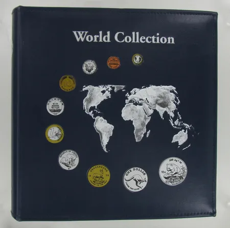 Money of the world collection; Egypt, Jamaica, South Africa, Papua New Guinea, Peoples Republic of China, USA, Trinidad och Tobago, Bahamas ja Estonia, kansiossa.