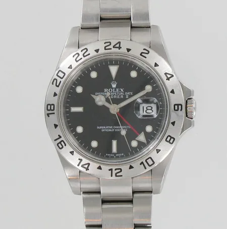 Miesten teräsrannekello Rolex Oyster Perpetual Explorer II, mallinumero 16570T, sarjanumero F312096, rannekkeen mallinumero 78790A, Ø 39mm, hihna hieman löystynyt, todistuksen mukaan vuodelta 2005, todistus lindroos