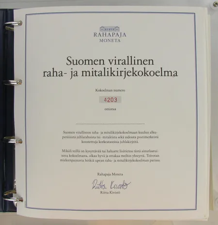 Suomen virallinen raha- ja mitalikirjekokoelma, Moneta, yhteensä 21 eri mitalia ja rahaa. Sisältää: 500 2 kpl, 925 15 kpl, au900 1kpl, NK/Ap 2 kpl ja Alumiinipronssia 1kpl, todistusten kanssa.