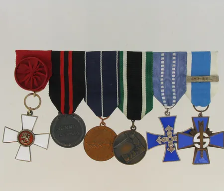 Kuusi kunniamerkkiä, Suomen leijoan ritarimerkki 1.lk (emalivika), Ts.mm.sk, Js mm, SK am, kotijoukkjen muistoristi, Sininen risti 1917-1918