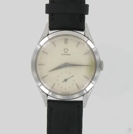 Miesten teräsrannekello Omega, mekaaninen, lasissa halkeama, taulun Ø 36mm, nahkarannekkeen pituus 230mm.