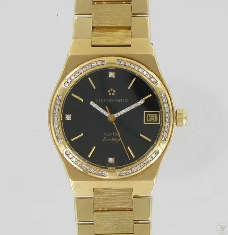 Kultarannekello Eterna-matic Kontiki Prestige timanteilla 60xn.0.01ct, taulun Ø 35mm, rannekkeen pituus 175mm, sarjanumero C12892, malli 646960768, 750br, paino 158,6g, aitoustodistus Westerback Paino: 158,6 g
