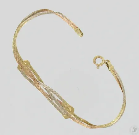 Rannekoru, pituus 190mm, 750 kelta- puna- valkokulta, käytön jälkiä, paino 4,6g Paino: 4,6 g