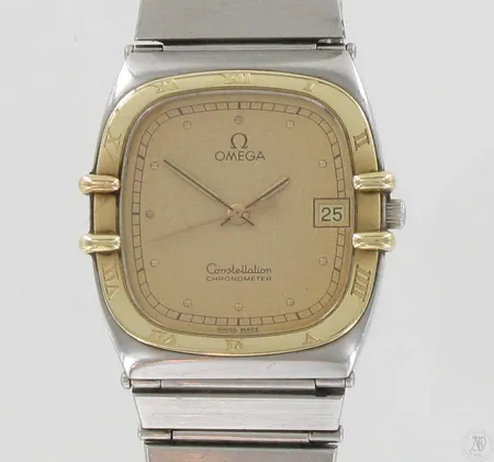 Miesten teräs/kultarannekello Omega Constellation Chronometer, quartz, taulun 30mm, ranneke kulunut