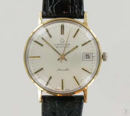 Miesten kultarannekello Certina Newart, päivyrillä, Automatic, lasi viallinen, nuppi ei alkuperäinen, taulun Ø 33mm, 585br, paino 35,0g