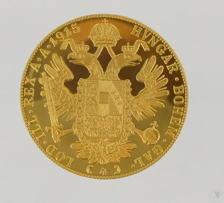 Kultaraha 4 ducat, Itävalta, vuodelta 1915, Ø 40mm, 986, paino 13,9g Paino: 13,9 g