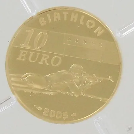 Kultaraha 10euroa, Ranska, Biathlon vuodelta 2005, 920, paino 8,45g Paino: 8,5 g