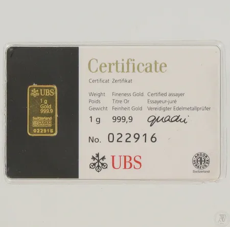 Kultaharkko, UBS certificate, 999, paino 1,0g Paino: 1   g