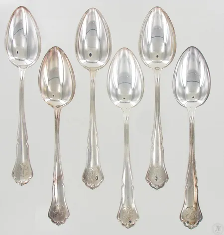Kuusi ruokalusikkaa, Chippendale, kaiverrettuja, 813-830, paino 216,2g Paino: 216,2 g