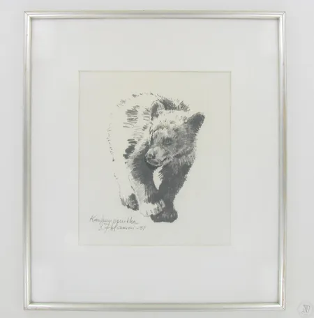 Taidegrafiikka, signeeraus S. Polameri, Karhunpenikka, 1984, mitat 165x185mm, kehyksen kanssa mitat 285x325mm.