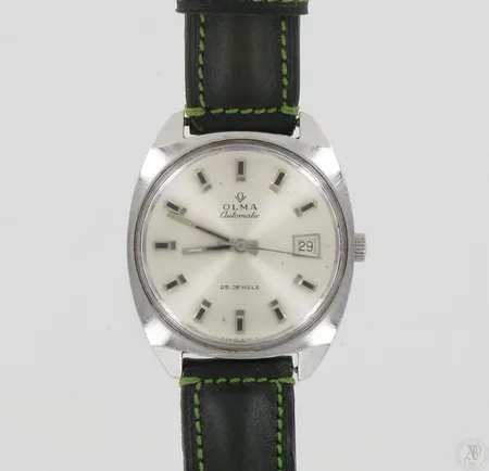 Teräsrannekello Olma Automatic 25 Jewels, käytön jälkiä, taulun mitat 30x37mm, nahkarannekkeella.