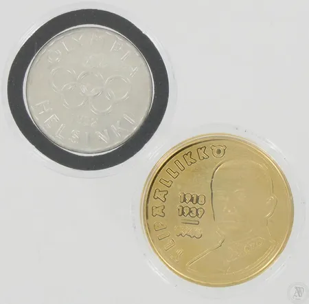 Muistomitali Ylipäällikkö Mannerheim 1867-1951, kullattu ja juhlaraha Olympia XV 1952, nimellisarvo 500mk, 500, paino 12,0g Paino: 12   g
