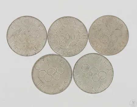 Viisi juhlarahaa Olympia XV 1952 Helsinki, nimellisarvo yht.2500mk, 500 paino 60,1g Paino: 60,1 g