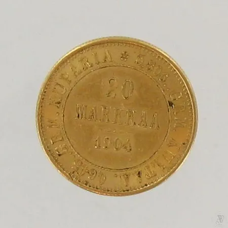 Kultaraha 20 Markkaa, vuodelta 1904, 900, paino 6,4g Paino: 6,4 g