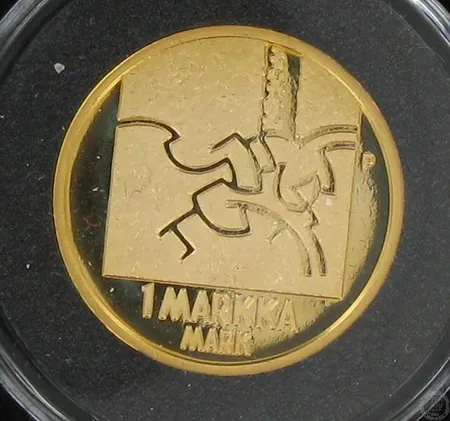 Kultaraha 1mk, vuodelta 2001, Viimeinen markka, 750, paino 8,6g Paino: 8,6 g