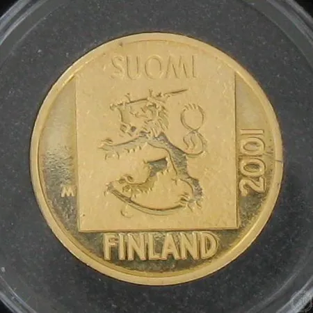 Kultaraha 1mk, vuodelta 2001, Viimeinen markka, 750, paino 8,6g, kotelossa, todistus Paino: 8,6 g
