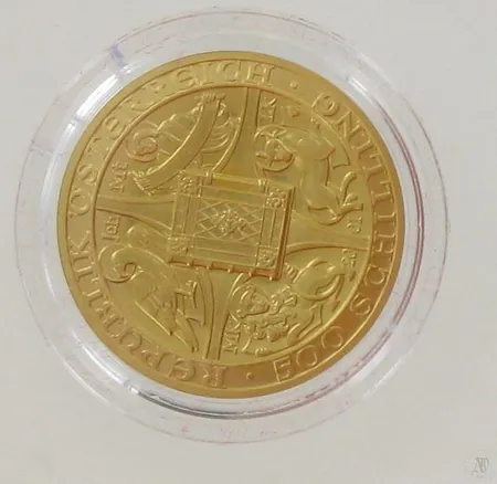 Kultaraha, 500 Schilling, Itävalta, vuodelta 2001, 986, paino 10g Paino: 10   g