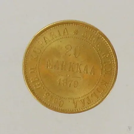 Kultaraha 20 Markkaa, vuodelta 1879, 900, paino 6,4g Paino: 6,4 g
