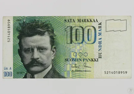 Suomen Pankin seteli, 100 markkaa, Litt. A, 1986, pieniä repeämiä.