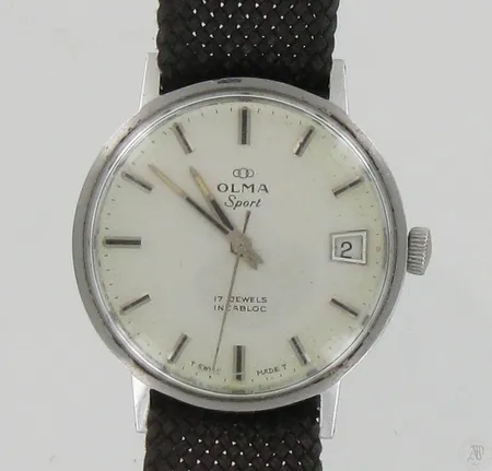 Teräsrannekello Olma Sport, 17 Jewels Incabloc, mekaaninen, käytön jälkiä, sarjanumero 34544-3, taulun Ø 34mm.