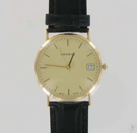Kultarannekello Geneve, nahkarannekkeella, quartz, käyttämätön, taulun Ø 31mm, 585br, paino 21,9g, paristo loppunut