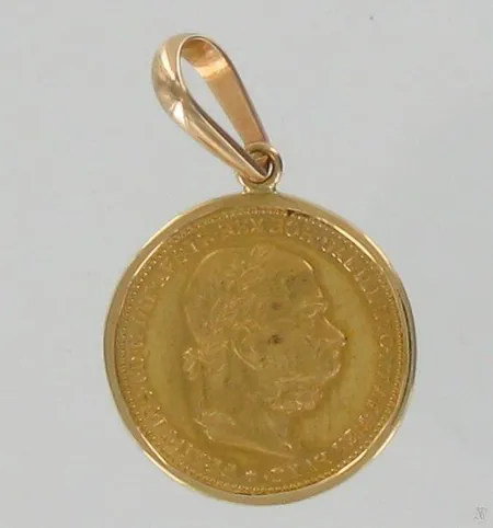 Kultaraha ja rahakehysriipus, nimellisarvo 20 corona, Austria-Habsburg, vuodelta 1894, 900 ja 750, paino 6,8g ja 1,5g Paino: 8,3 g