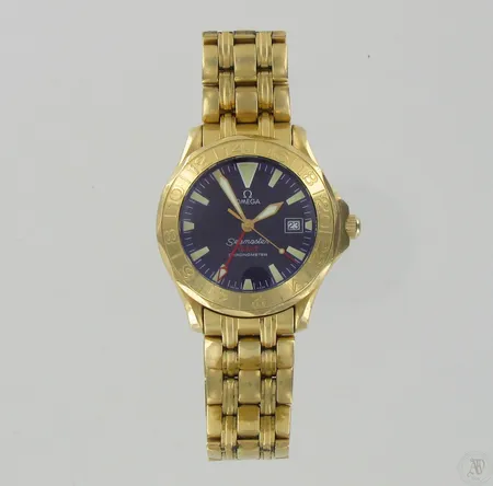 Kultarannekello Omega Seamaster GMT Chronometer, taulun Ø 31mm, ref:21348000, sarjanro 80017029, hihnan pituus 195mm, laatikko, takuutodistus, 750br, paino 226,7g Paino: 226,7 g