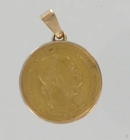 Kultaraha ja rahakehysriipus, nimellisarvo 20 corona, Austria-Habsburg, vuodelta 1893, 900 ja 585, paino 6,8g ja 1,5g Paino: 8,3 g