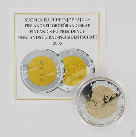 Juhlaraha, Suomen EU-puheenjohtajuus 2006, 50 euroa, laatikko ja aitoustodistus, 925 ja 750, paino 5,9 ja 6,9g Paino: 12,8 g