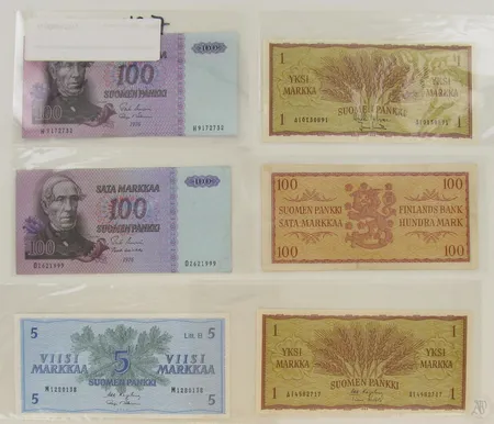 12 Suomalaista seteliä, 3x100mk vuodelta 1976 ja 1957, 2x50mk vuodelta 1977 ja 1986, 1x20mk vuodelta 1993, 3x10mk vuodelta 1986, 1980 ja 1963, 1x5mk vuodelta 1963, 2x1mk vuodelta 1963