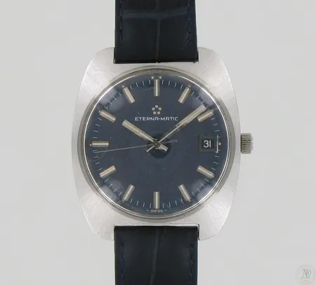 Miesten teräsrannekello Eterna-Matic nahkarannekkeella, automatic, taulun Ø 37mm, pieniä narmuja lasissa ja kehyksessä