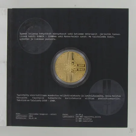Muistomitali Talvisodan hengessä, vuodelta 2014, Ø 38,61 mm, kullattu, laatikko