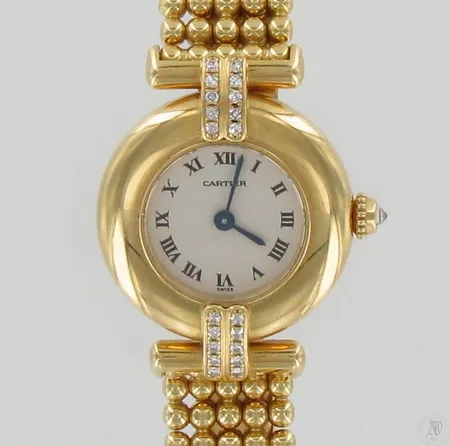 Kultarannekello Cartier timanteilla 20xn.0.01ct, 1980, C115255, quartz, water resistant, taulun Ø 24mm, hihnan pituus 165mm, 750br, paino 53,8g