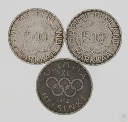 Kolme hopearahaa, Olympia XV Helsinki 1952, 500mk, 500, paino 36,1 Paino: 36,1 g
