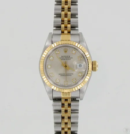 Rannekello Rolex Oyster Perpetual Datejust timanteilla 10xn.0.01ct, mallinumero 69173, sarjanumero x442757, automaatti, taulun Ø 27mm, rannekkeen pituus 175mm, laatikko ja todistus