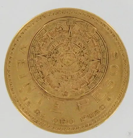 Kultaraha 20 pesoa, Mexico, vuodelta 1919, 900, paino 16,7g Paino: 16,7 g