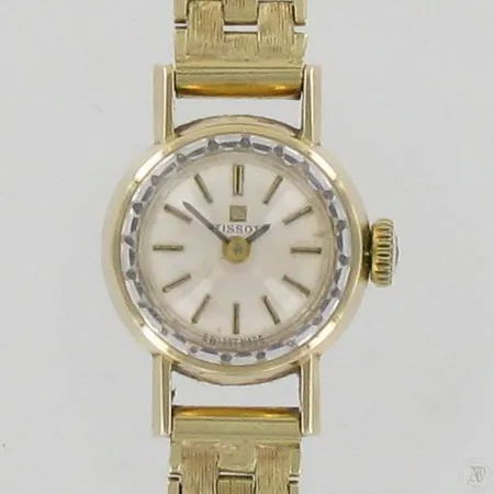 Kultarannekello Tissot, kaiverrettu, mekaaninen, käytön jälkiä, taulun Ø 17mm, rannekkeen pituus 170mm, 585br, paino 23,3g Paino: 23,3 g