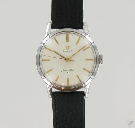 Teräsrannekello Omega Seamaster 30, mekaaninen, taulun Ø 35mm, nahkarannekkeella, laatikko