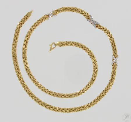 Kivikaulakoru, lukko rikki, pituus 46,5cm, 585br kelta- ja valkokulta, paino 9,7g Paino: 9,7 g