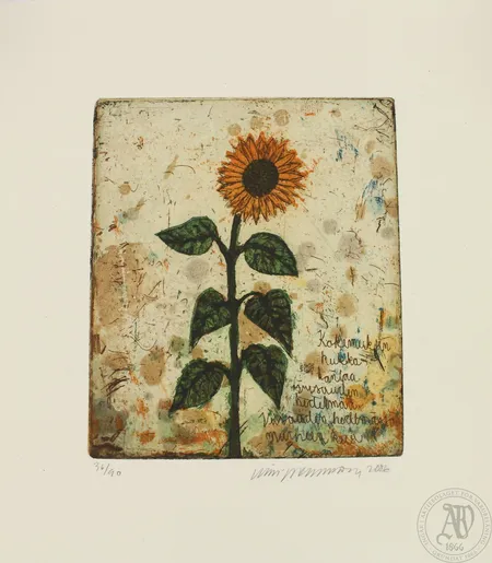 Etsaus, Kirsi Neuvonen 2006, Kokemuksen kukka kantaa viisauden hedelmää. Viisauden hedelmässä murheen kivi 36/90, mitat 18,5x14 cm. Tekijänoikeuslain mukainen jälleenmyyntikorvaus 5%, johon lisäämme voimassa olevan alv:n mikäli viimeineinen huutohinta ylittää 255,0 euroa.